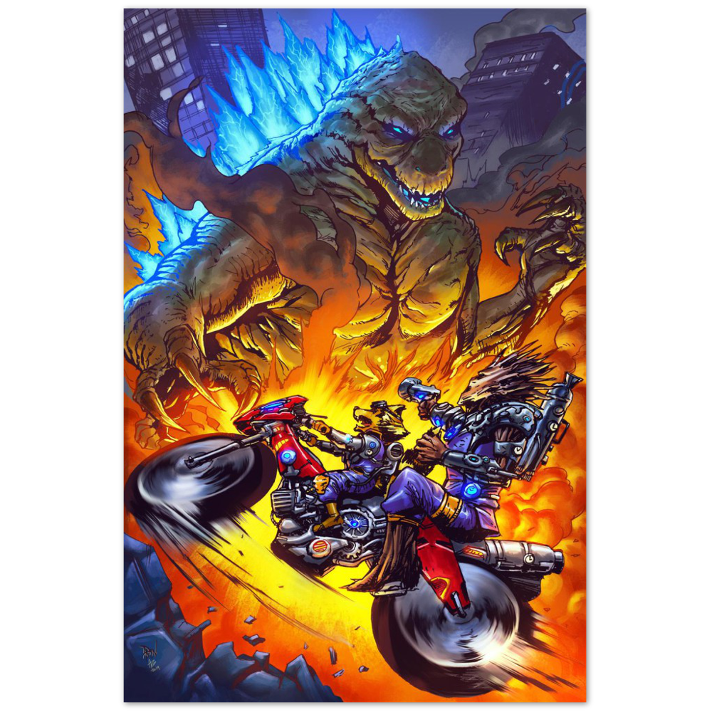 Steampunk Rocket and Groot vs The King of Monsters-Art Print